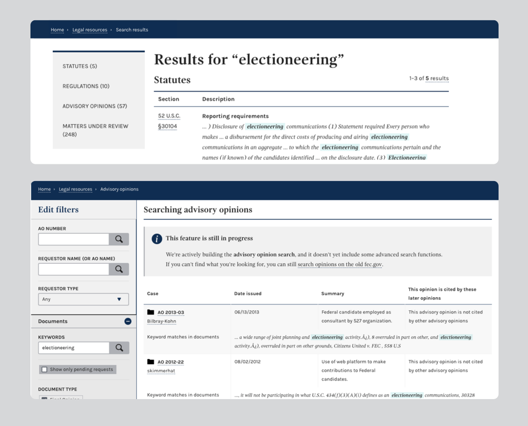 Search results for the term electioneering and advisory opinions, showing a message that this feature is under development