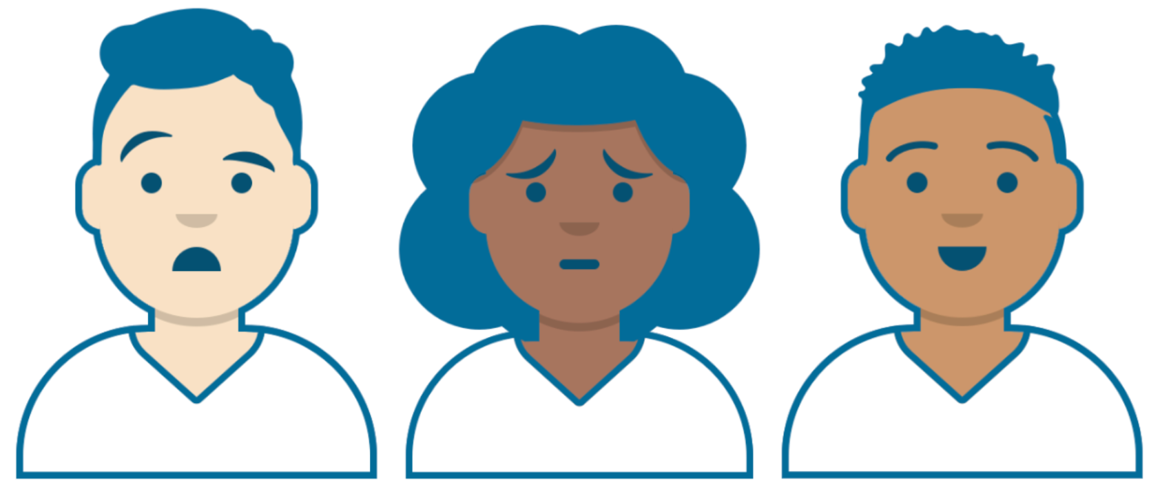 Cartoon representations of three people in a simple, vector style that shows their faces and bust.