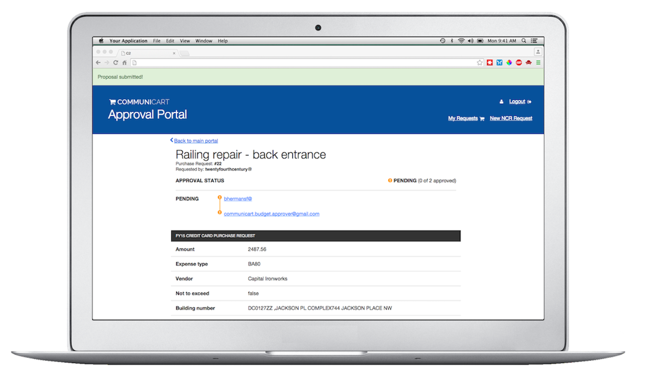 Screenshot of Communicart, an app for using government purchasing cards