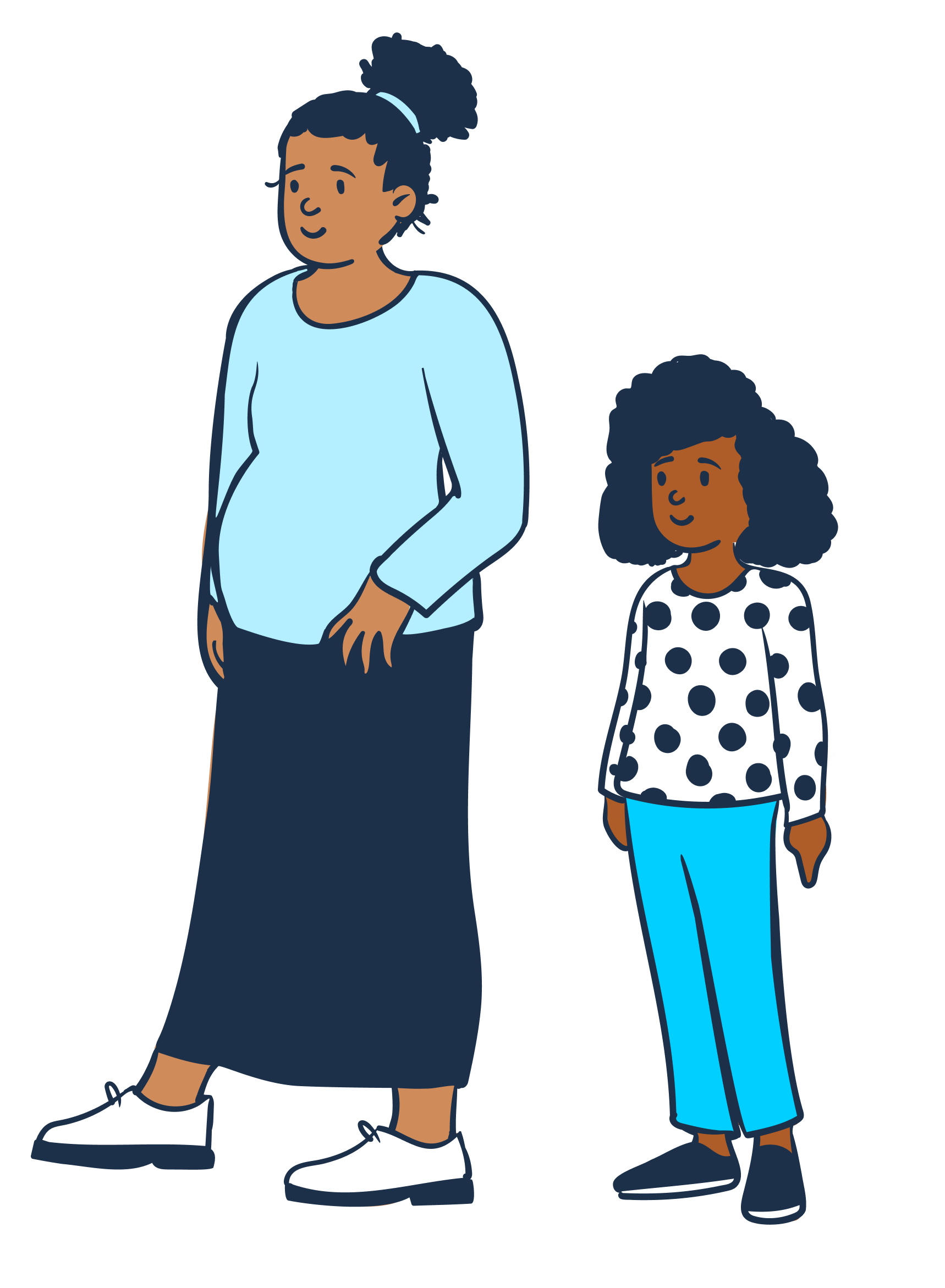 A pregnant woman stands next to a child in 18F Folks illustration style