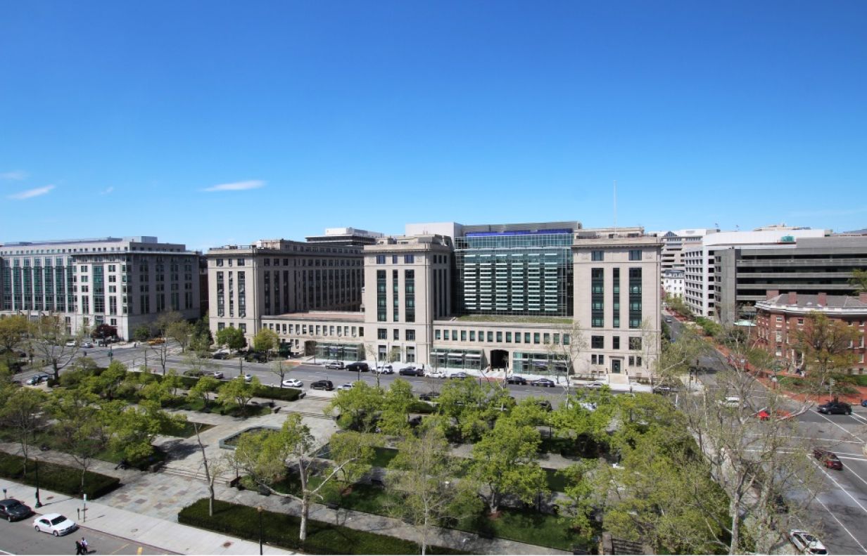 The south side of the General Services Administration building in Washington, DC as seen from Rawlins Park