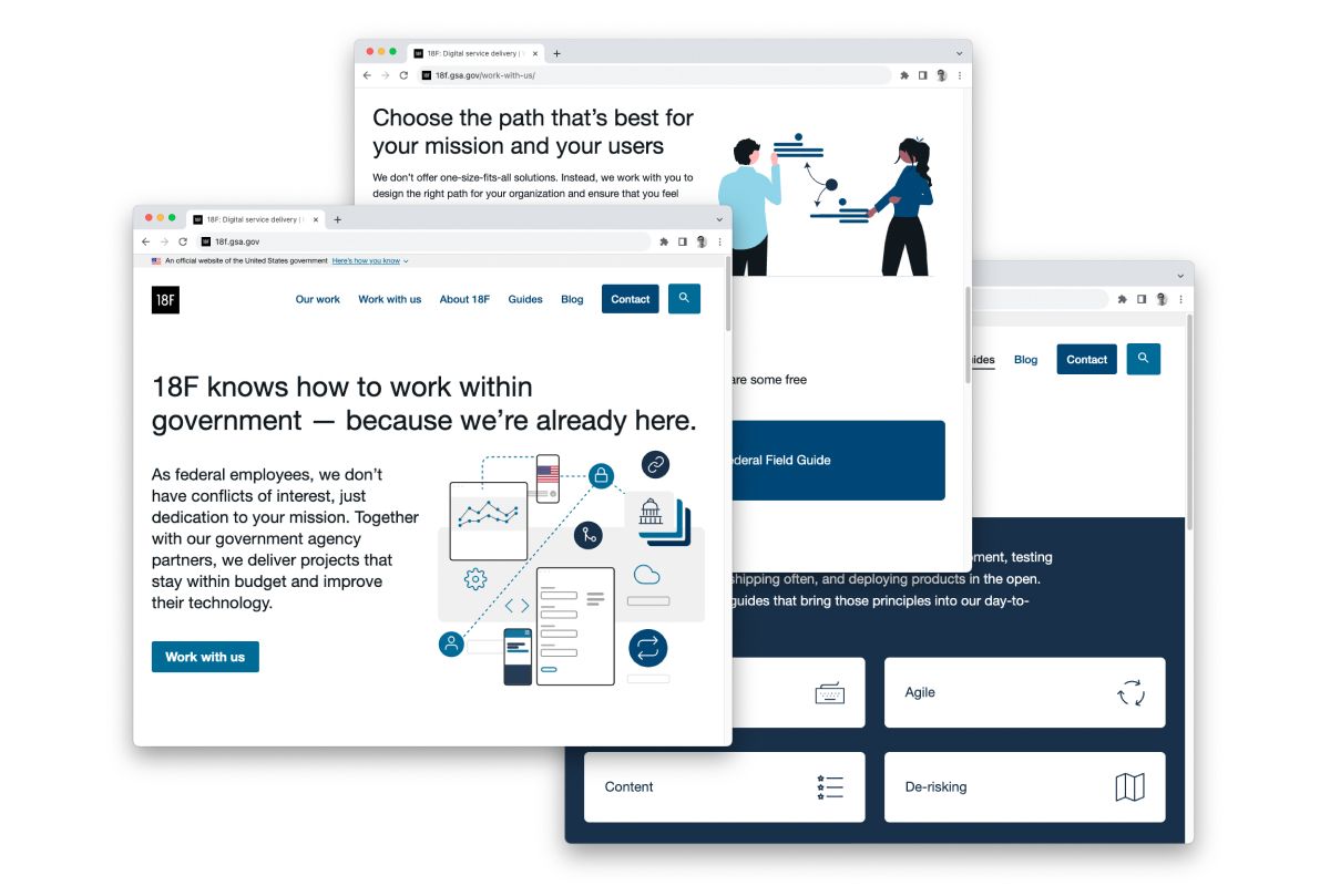 A collage showcasing three of the newly refreshed 18F website pages.