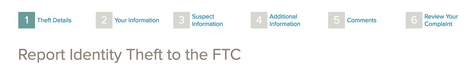 A graphic element of identitytheft.gov that shows users where they are in in a series of six labeled steps