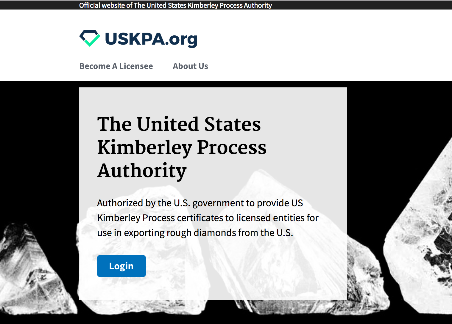 Screenshot of https://www.uskpa.org/ where applicants can request licenses to export and trade rough diamonds