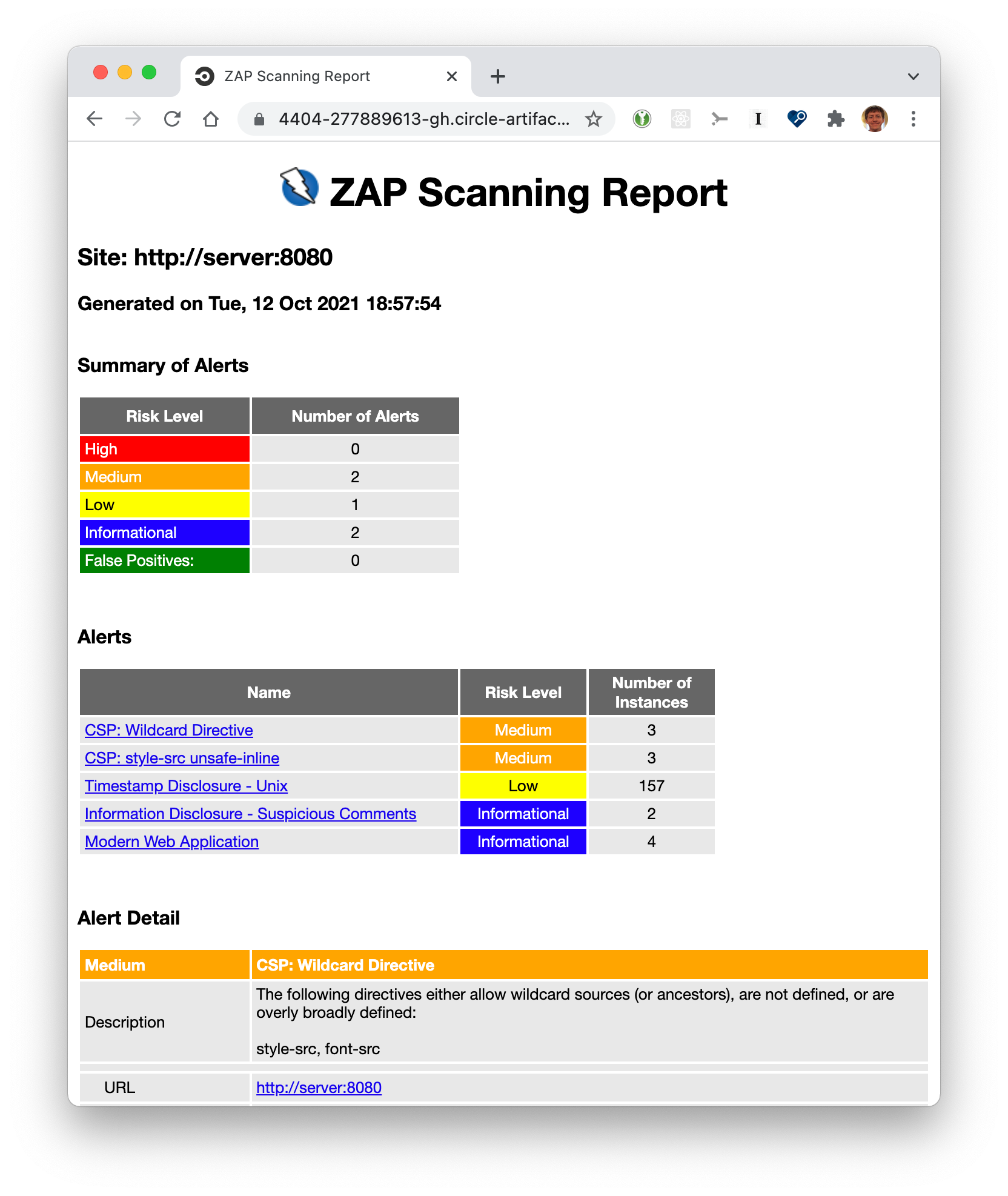 Sample ZAP scanning report with alerts, risk levels, and details about each alert